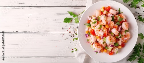 Ecuadorian shrimp ceviche a traditional appetizer On a white wooden table. with copy space image. Place for adding text or design