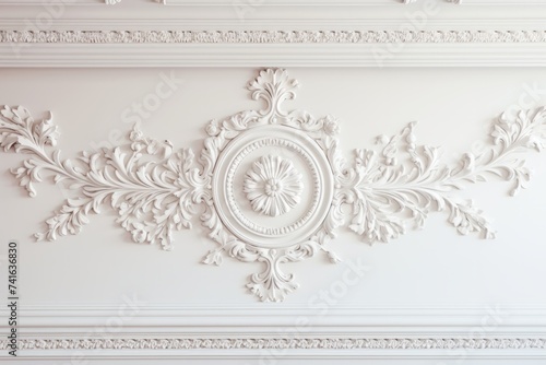 Decorative clay stucco with an ornament on a white ceiling or wall in an abstract classic white interior 