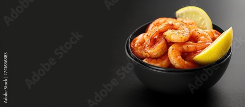 Shrimp with spices and lemon in a bowl close up. with copy space image. Place for adding text or design photo