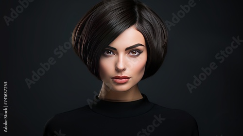 Beautiful young woman wearing short bob hairstyle on studio background - focus on the eyes photo