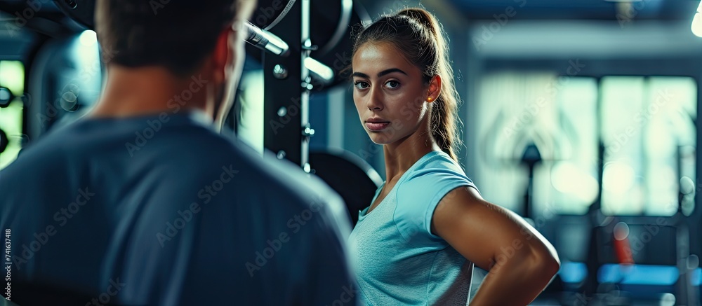 A young strong sportswoman lifting weights in gym with her personal trainer. with copy space image. Place for adding text or design A young strong sportswoman lifting weights in gym with her personal trainer. with copy space image. Place for adding text or design