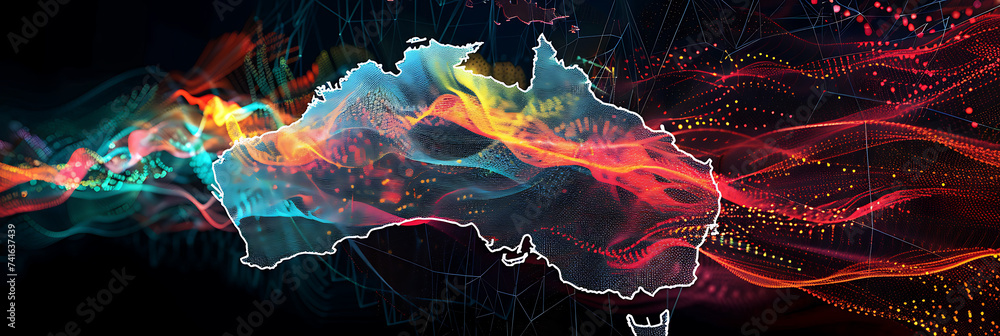 A digital map of Australia overlaid with pulsating data streams, symbolizing the country's integral role in the global exchange