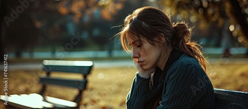 Sad depression and student with woman in park for cry frustrated and stress Mental health anxiety and fear with female person in nature for psychology tired and fatigue with mockup space photo