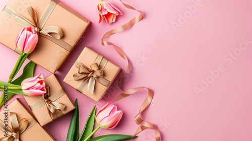 Top view photo of trendy gift boxes with ribbon bows and tulips on isolated pastel pink background. © Zaleman