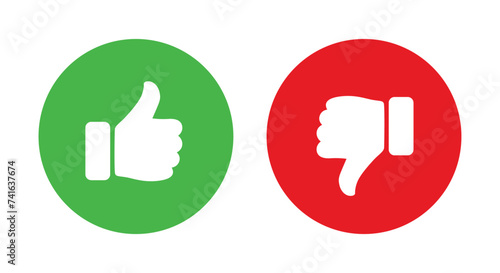 Like and dislike symbol set in green and red circle. Thumbs up and down flat icon set in white color. Rating and feedback Thumbs-Up and Thumbs-down icon set isolated on white background.