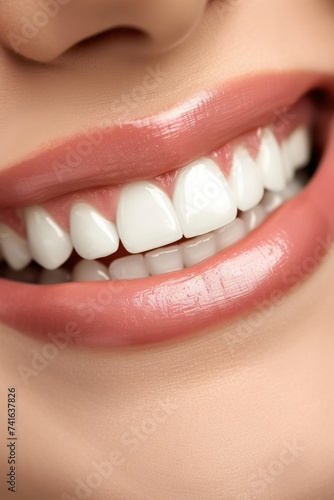 beautiful female smile with snow-white teeth and lip gloss. Close up, macro photography