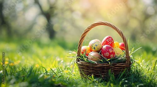 Nest with easter eggs in grass on a sunny spring day - Easter decoration, banner, panorama, background