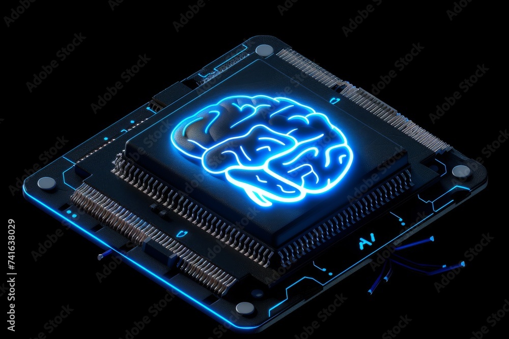 AI Brain Chip neuroprosthetics. Artificial Intelligence brain computer interface rehabilitation mind biotechnology axon. Semiconductor vco circuits circuit board chemorepulsion - obrazy, fototapety, plakaty 