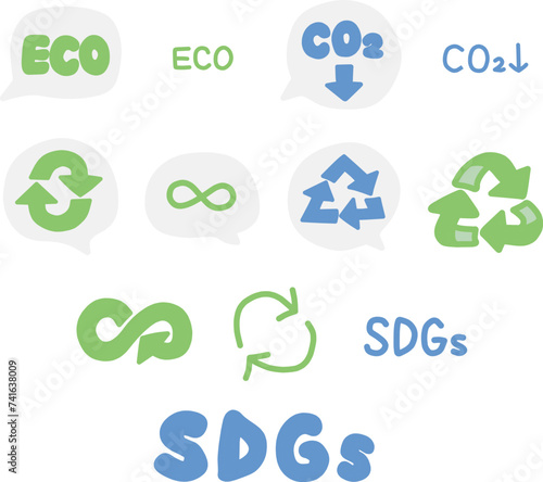 SDGｓやエコなど環境保護や資源の循環をイメージした手描きの文字やアイコンセット