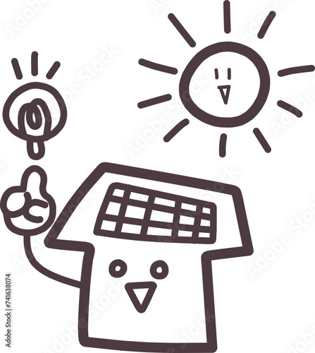家庭での太陽光発電をイメージした家のキャラクターや太陽のイラスト