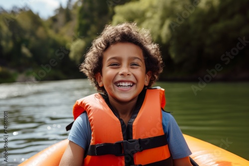 Cheerful african american boy in life jacket looking at camera while standing on inflatable boat photo