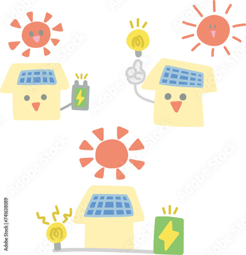 家庭での太陽光発電をイメージした家のキャラクターや太陽のイラストセット