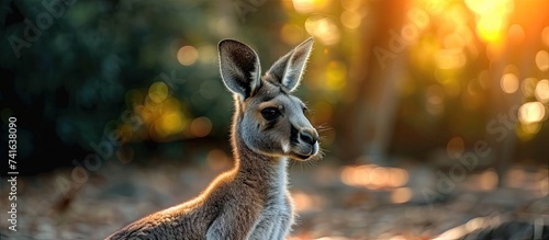 Beautiful image of gray kangaroo standing in the middle of sanctuary area Beautiful kangaroos and wallabies living their lives in Lone Pine Koala Sanctuary Australia. with copy space image photo