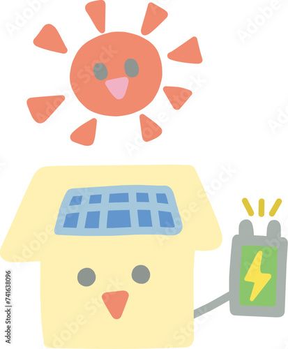 家庭での太陽光発電をイメージした家のキャラクターや太陽のイラスト