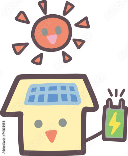 家庭での太陽光発電をイメージした家のキャラクターや太陽のイラスト
