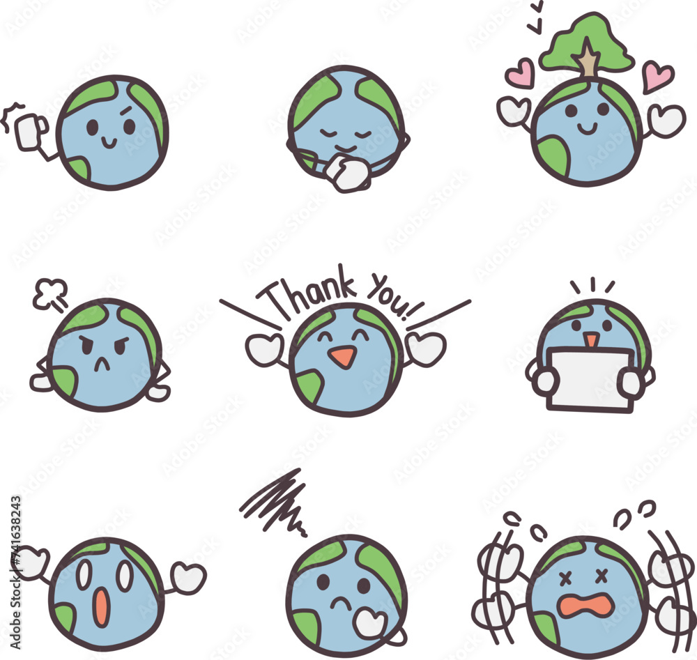 シンプルにデフォルメした地球のキャラクターが色々な表情をしているイラストセット