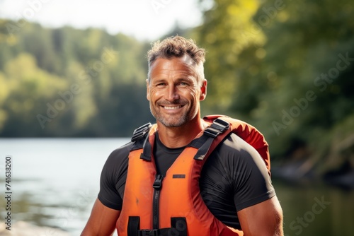 Handsome middle-aged man in orange life jacket and life jacket standing on the bank of a lake.