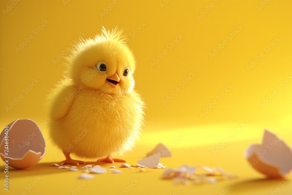 A small funny yellow newborn chick stands near the shell from which it hatched on a plain bright background A small funny yellow newborn chick stands near the shell from which it hatched on a plain bright background