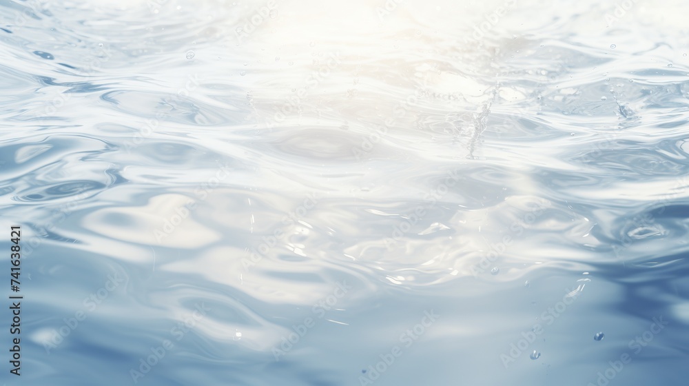 Blurred desaturated transparent clear calm water surface texture with splashes and bubbles. Trendy abstract nature background. White-grey water waves in sunlight