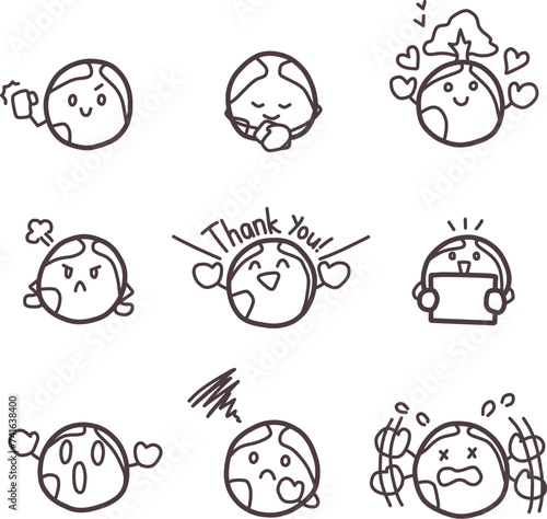 シンプルにデフォルメした地球のキャラクターが色々な表情をしているイラストセット