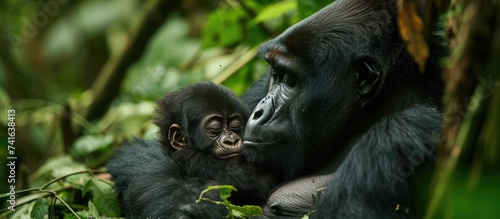 A female mountain gorilla with a baby Uganda Bwindi Impenetrable Forest National Park. with copy space image. Place for adding text or design photo
