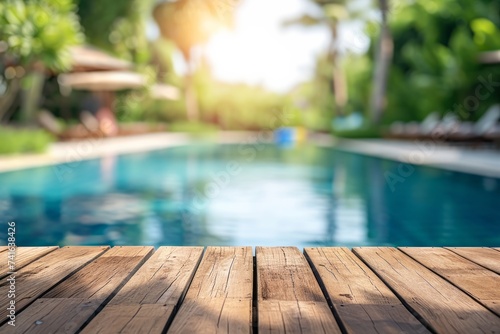 Empty beautiful wooden tabletop on background blurred view of swimming pool in summer holiday   space for your text or product