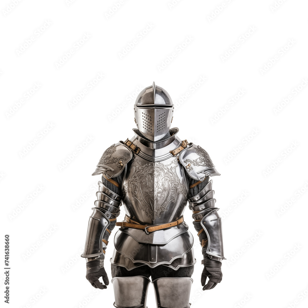 Medieval Knight in Armor isolated on white and transparent background. Ideal for use in advertising. Generative ai Medieval Knight in Armor isolated on white and transparent background. Ideal for use in advertising. Generative ai