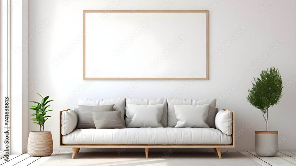 An empty horizontal poster frame mockup adorning the pristine walls of a minimalistic Scandinavian-inspired living room, creating a serene ambiance. An empty horizontal poster frame mockup adorning the pristine walls of a minimalistic Scandinavian-inspired living room, creating a serene ambiance.