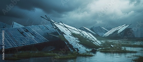 solar panels destroyed by the storm detail capricious weather disaster. with copy space image. Place for adding text or design