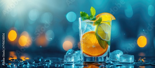 Fresh cocktail with orange mint and ice selective focus. with copy space image. Place for adding text or design photo