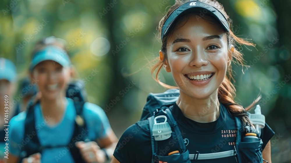 Trail Running Duo Smiling in the Forest. Happy female and friends
