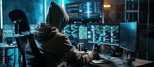 Skilled male thief copying valuable data from hard disk using drive to plant computer malware on multi monitors Young person hacking network system and security server output source photo
