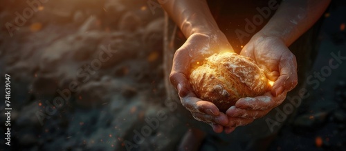 Hands with bread for holy communion. with copy space image. Place for adding text or design
