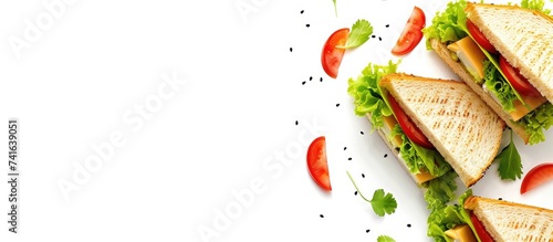 Club sandwich with ham cheese salad and vegetables Fast food take away Top view with copy space. with copy space image. Place for adding text or design photo