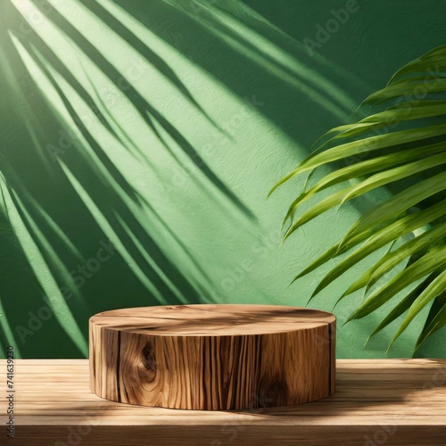 tree in the room.a 3D rendering of an empty minimal natural wooden table counter podium, showcasing beautiful wood grain illuminated by sunlight. Create a play of shadows on a serene green wall, provi photo