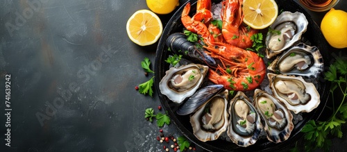 Fresh seafood platter Venus verrucosa oysters and hairy mussels with lemons Puglia food. with copy space image. Place for adding text or design