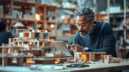 An office meeting with multi-ethnic architects, designers, using laptop tablets, discussing the design of sustainable, energy-efficient housing projects.