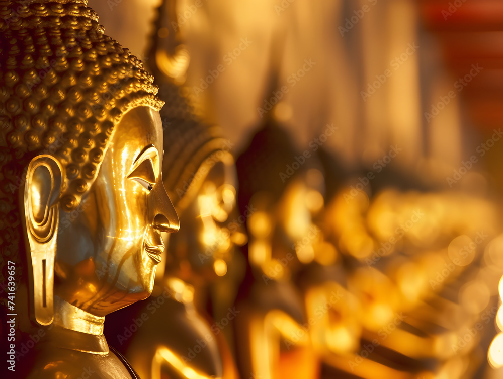 Row of Buddha statues, shallow depth of field
