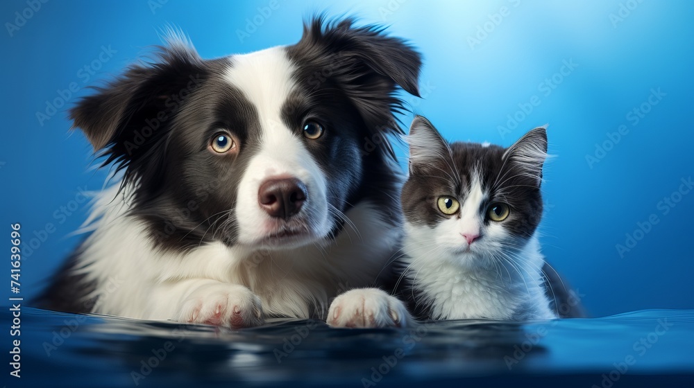 British Shorthair cat kitten and a border collie dog with happy expression together on blue background, banner, looking at the camera British Shorthair cat kitten and a border collie dog with happy expression together on blue background, banner, looking at the camera