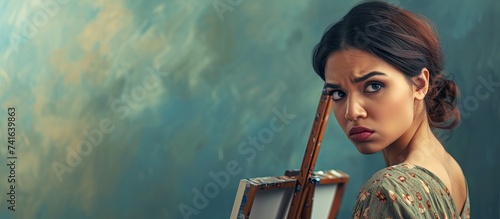 Young hispanic woman standing by painter easel stand disgusted expression displeased and fearful doing disgust face because aversion reaction. with copy space image. Place for adding text or design photo