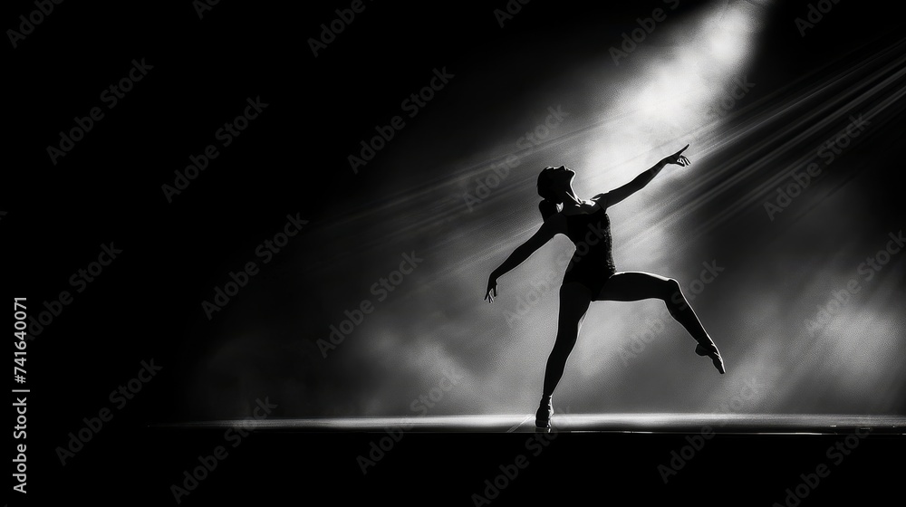 A dynamic ballet dancer captured mid-motion, her silhouette highlighted by a single beam of light on a dark stage.
