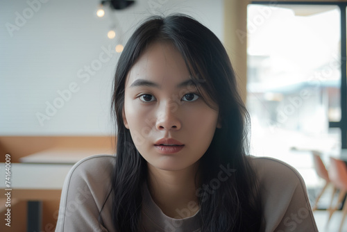A serene Asian woman looks directly at the camera, seated in a brightly lit café.