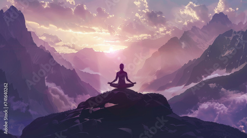 The silhouette of a person in meditation perched atop a mountain, surrounded by the serene beauty of nature with a mesmerizing sunset in the backdrop.