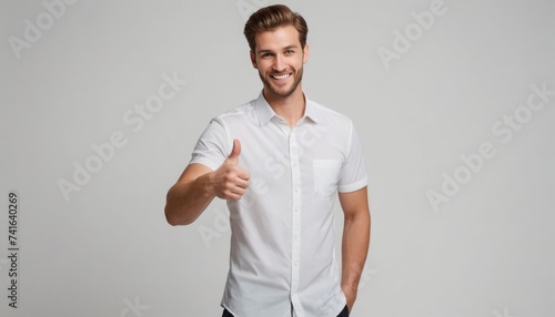 A relaxed man in a white casual shirt gives a thumbs up, indicating satisfaction and approval.