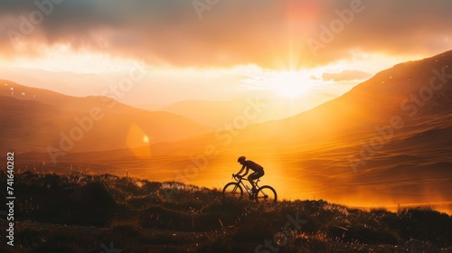 A mountain biker conquers the terrain as the sun sets, casting a fiery glow over the vast mountain landscape, symbolizing determination and adventure.