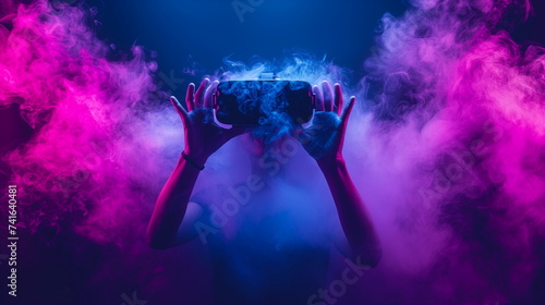 Person wearing virtual reality headset enveloped by colorful smoke against a dark background