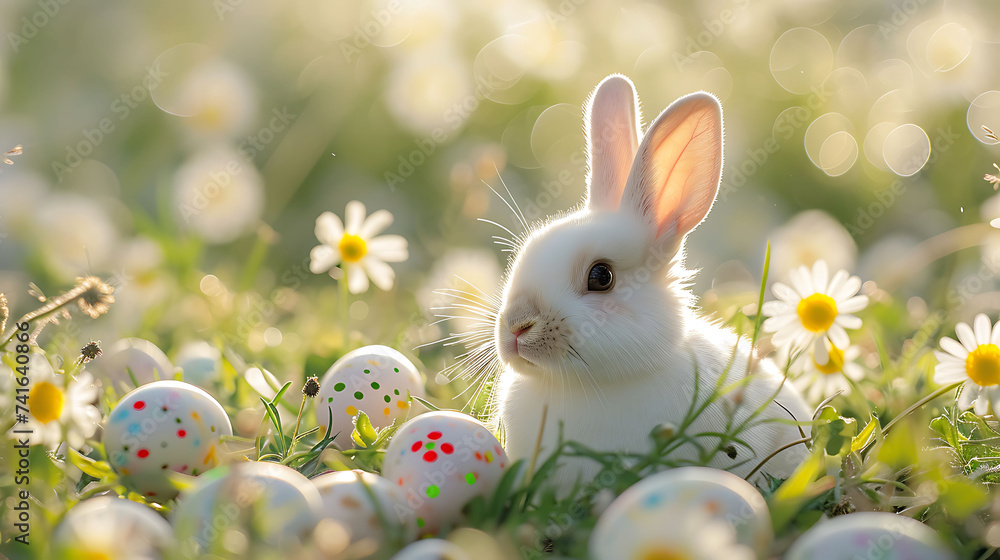 Easter Eggs in a flower field with white bunny Easter Eggs in a flower field with white bunny
