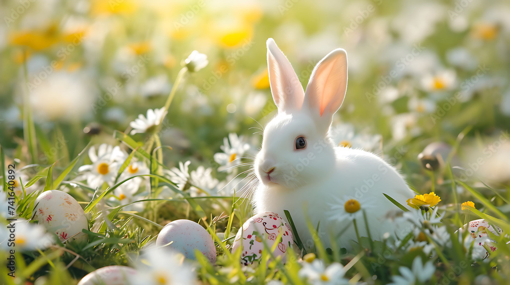 Fototapeta premium Easter Eggs in a flower field with white bunny