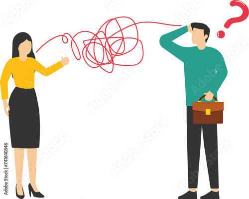Bad communication, misunderstanding create confusion in work, miscommunicate unclear message and information concept, businessman talking through messy chaos, make other confused.

