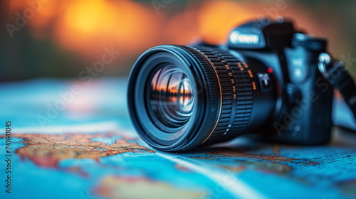 DSLR camera lens focused on a world map with a warm, blurred background suggesting travel and exploration